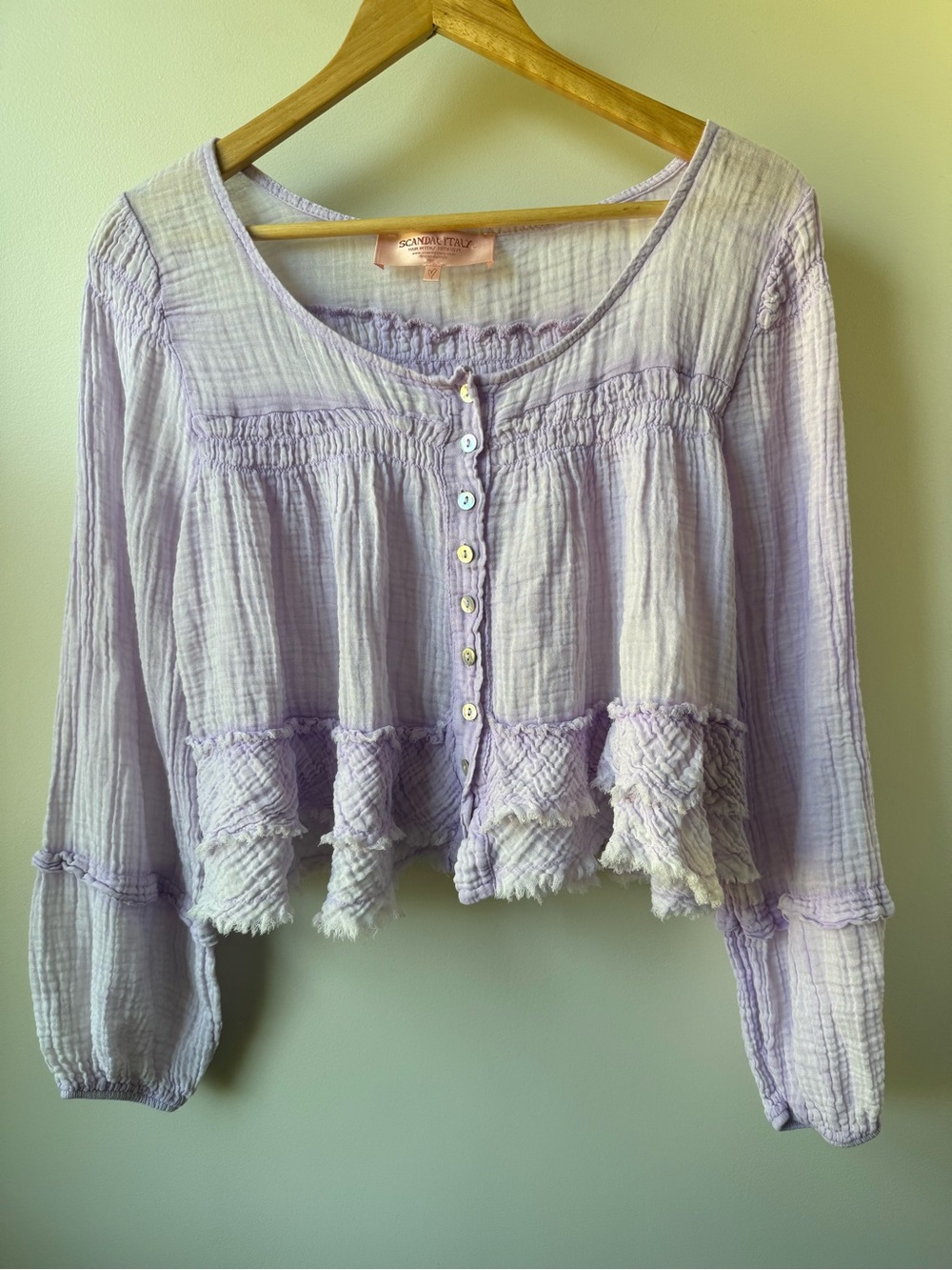SCANDAL ITALY Gauzy Top Cotton Lavender Cottagecore Crop Boho Textured Dakota OS